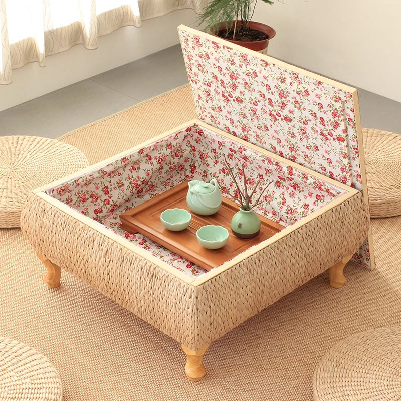 Table Basse en Osier Carrée avec Coffre de Rangement