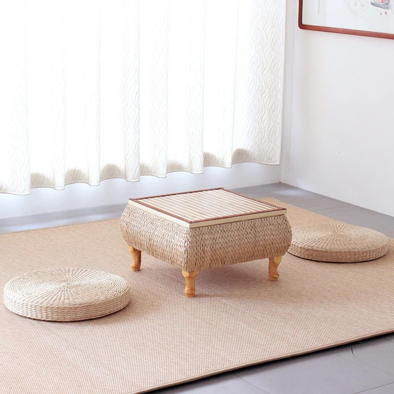 Table Basse en Osier Carrée avec Coffre de Rangement