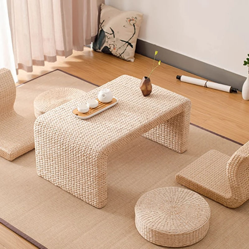 Table Basse en Osier Tissée à la Main Style Japonais
