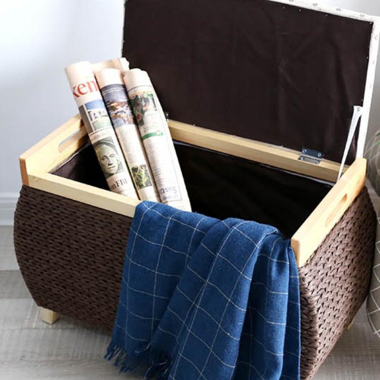 Tabouret de rangement en rotin foncé