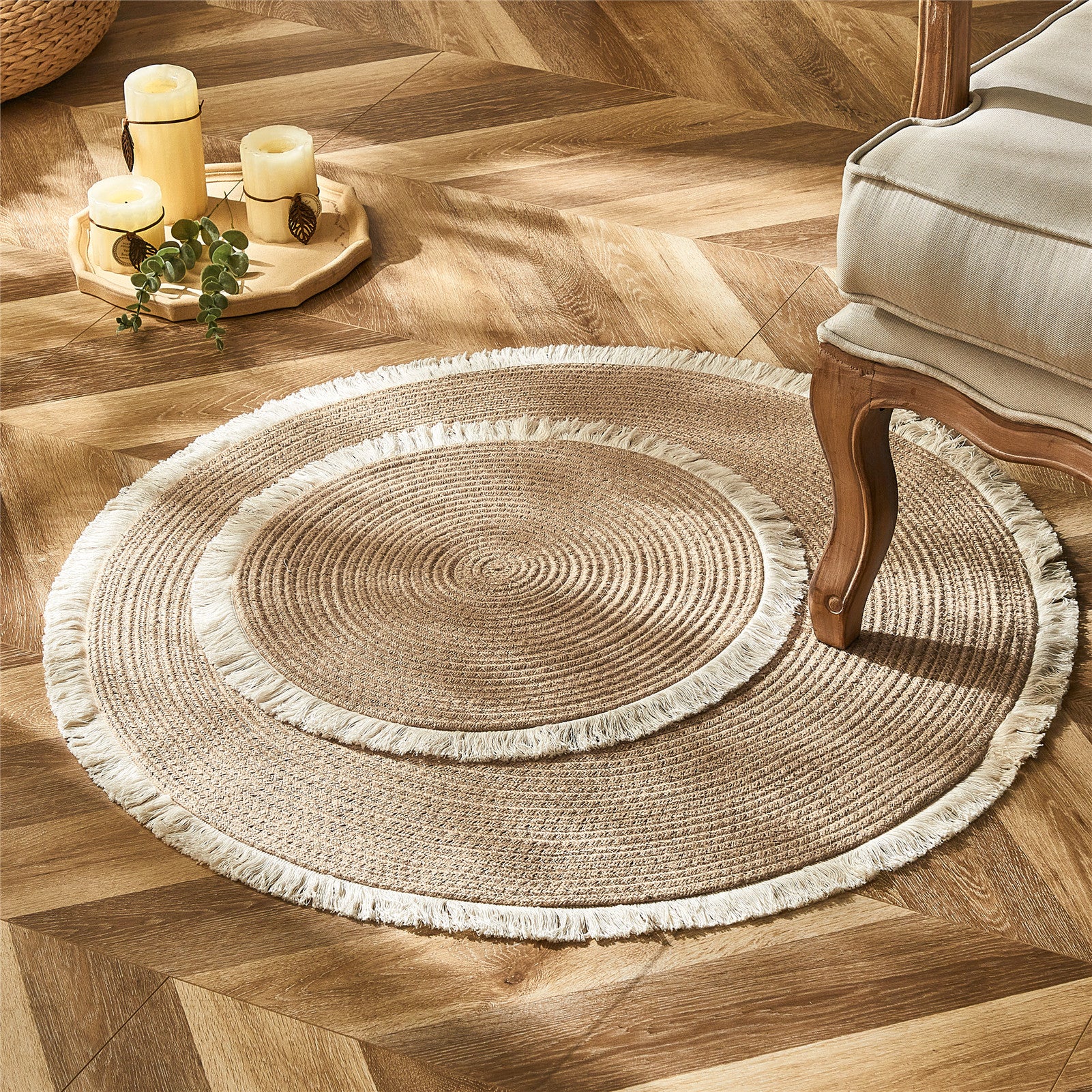 Tapis rond bicolore en rotin PE