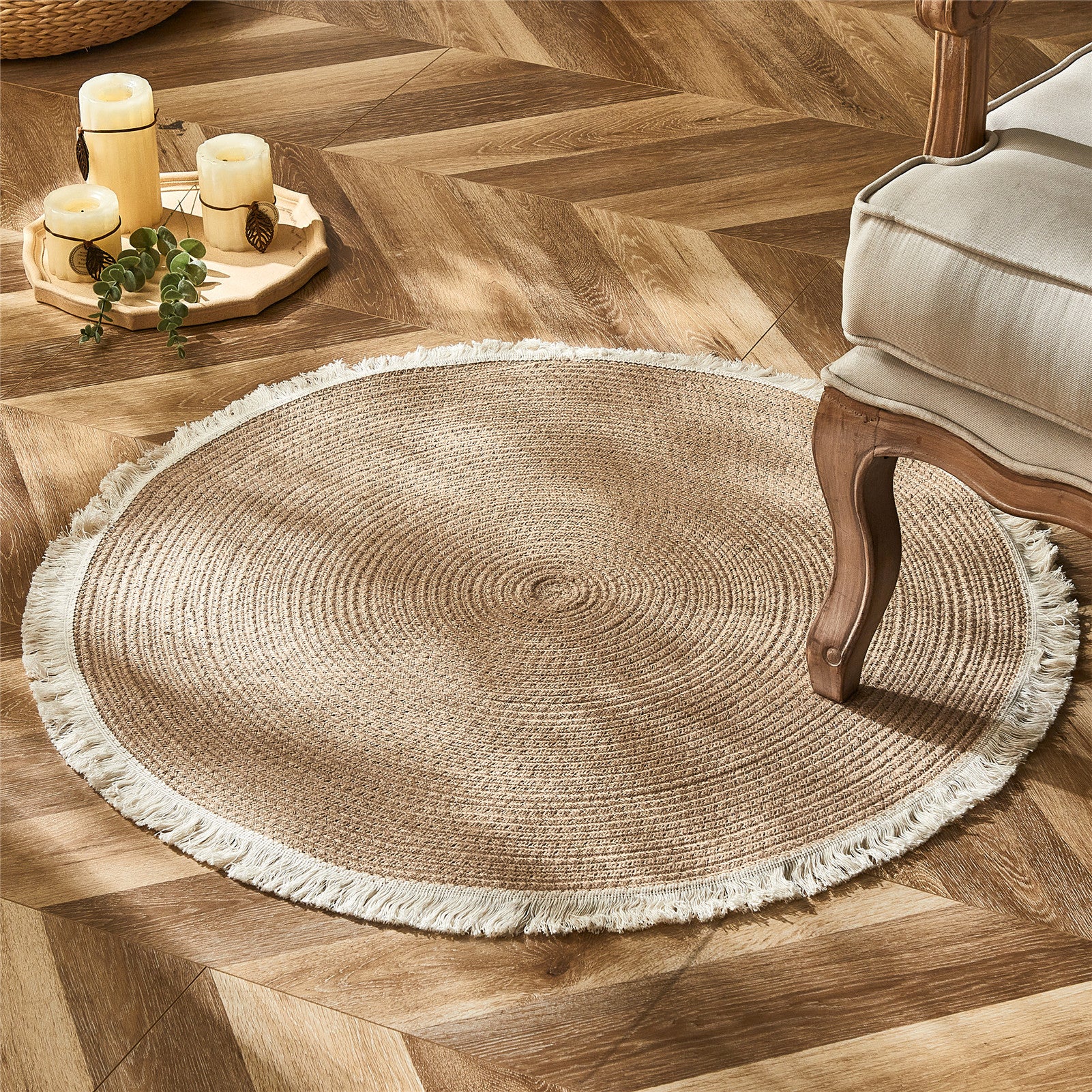 Tapis rond bicolore en rotin PE