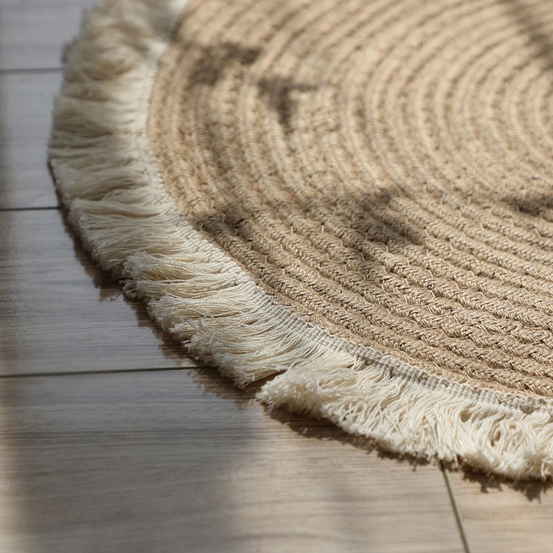 Tapis rond tissé en coton et en lin fait à la main, avec pompon, pour la décoration de la maison